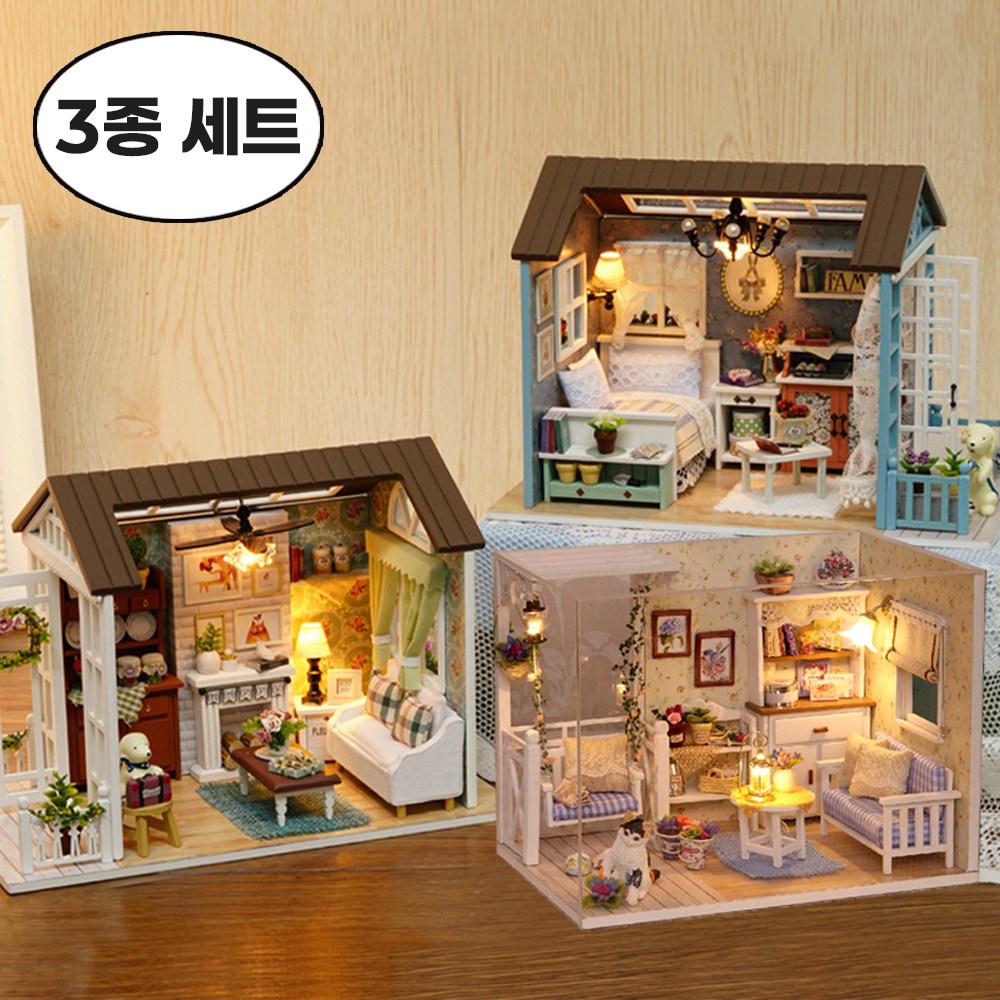 [5시건 당일배송] 1+1+1 FOOI DIY 미니어처 하우스 만들기 키트 강아지+고양이 l 감성 인테리어 소품 LED 무드등 3종 세트, 꽃물주는강아지+여행강아지+고양이집, 1세트
